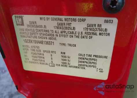 2004 Chevrolet Silverado из США, поврежденный, VIN 1GCEK19V44E136371